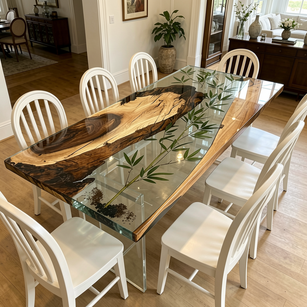 Bamboo Inlay Walnut Wood Resin Table 30"W x 67"L