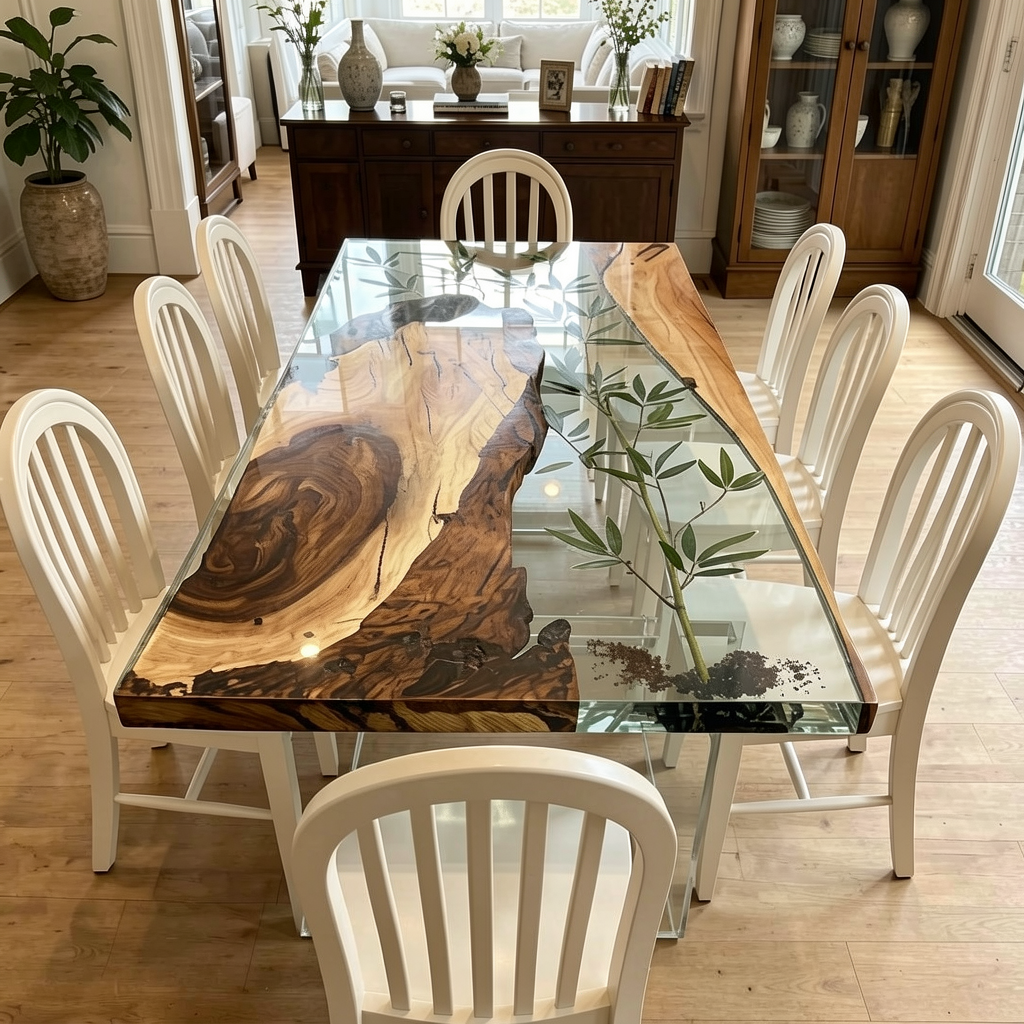 Bamboo Inlay Walnut Wood Resin Table 30"W x 67"L