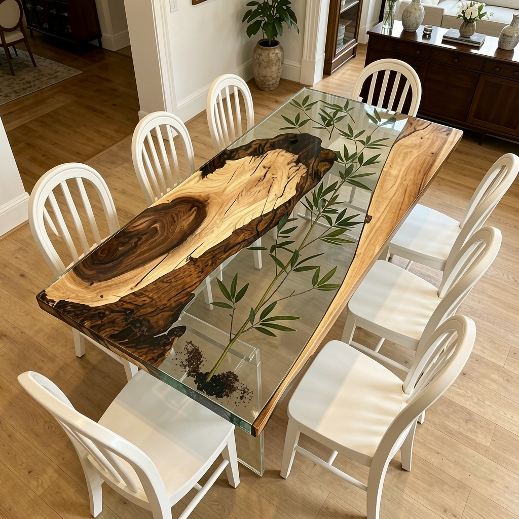 Bamboo Inlay Walnut Wood Resin Table 30"W x 67"L