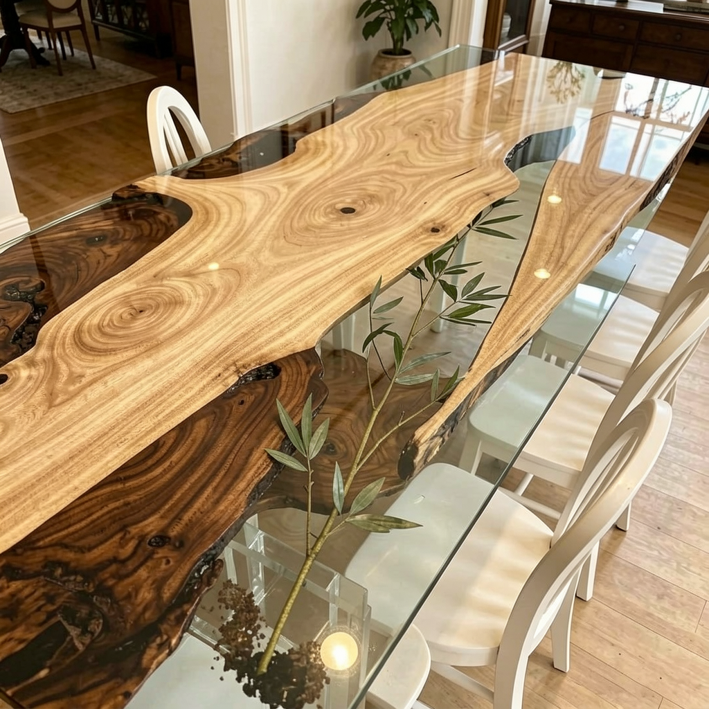 Bamboo Inlay Walnut Wood Resin Table 30"W x 67"L