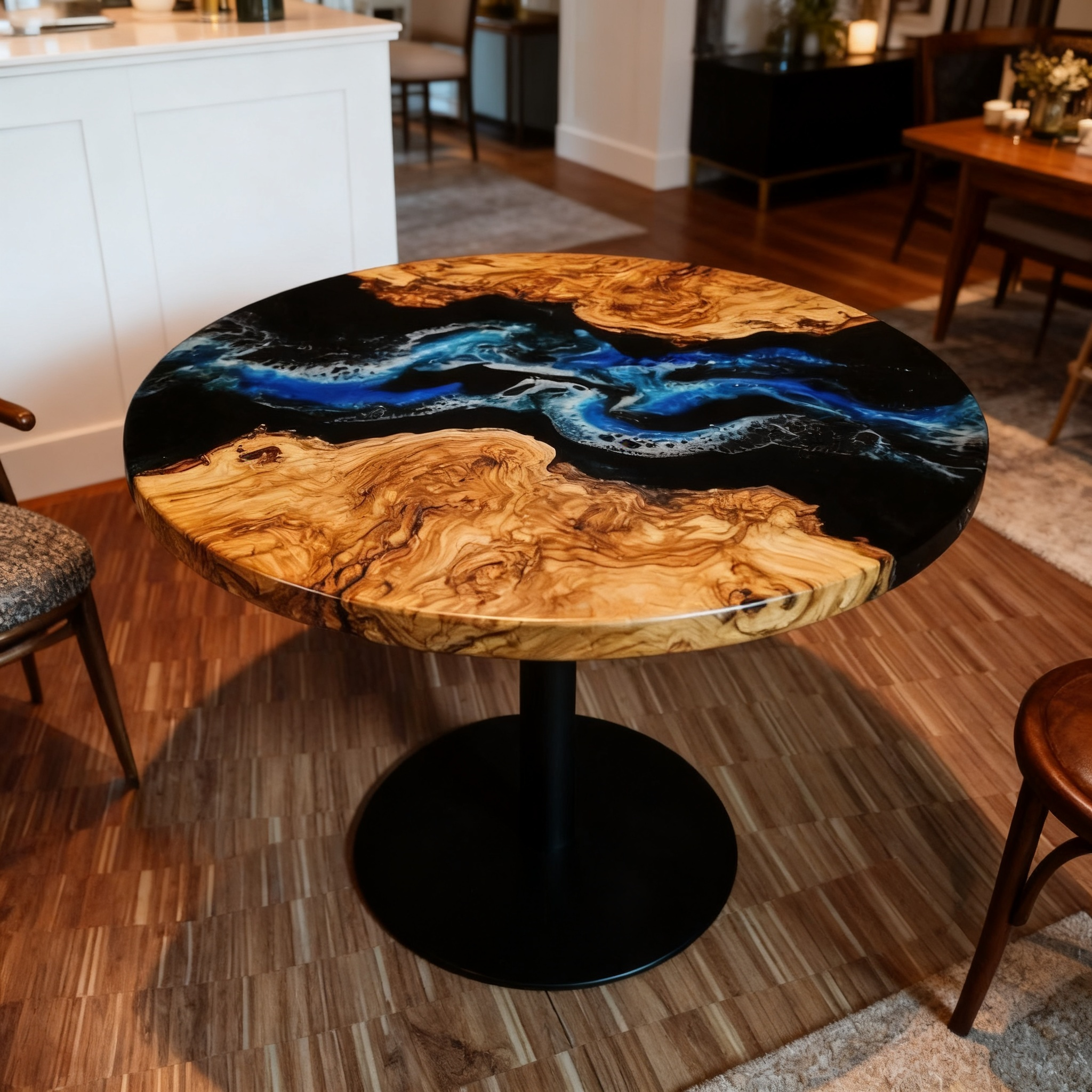 Premium Round Olive Wood Blue Epoxy River Dining Table image 1