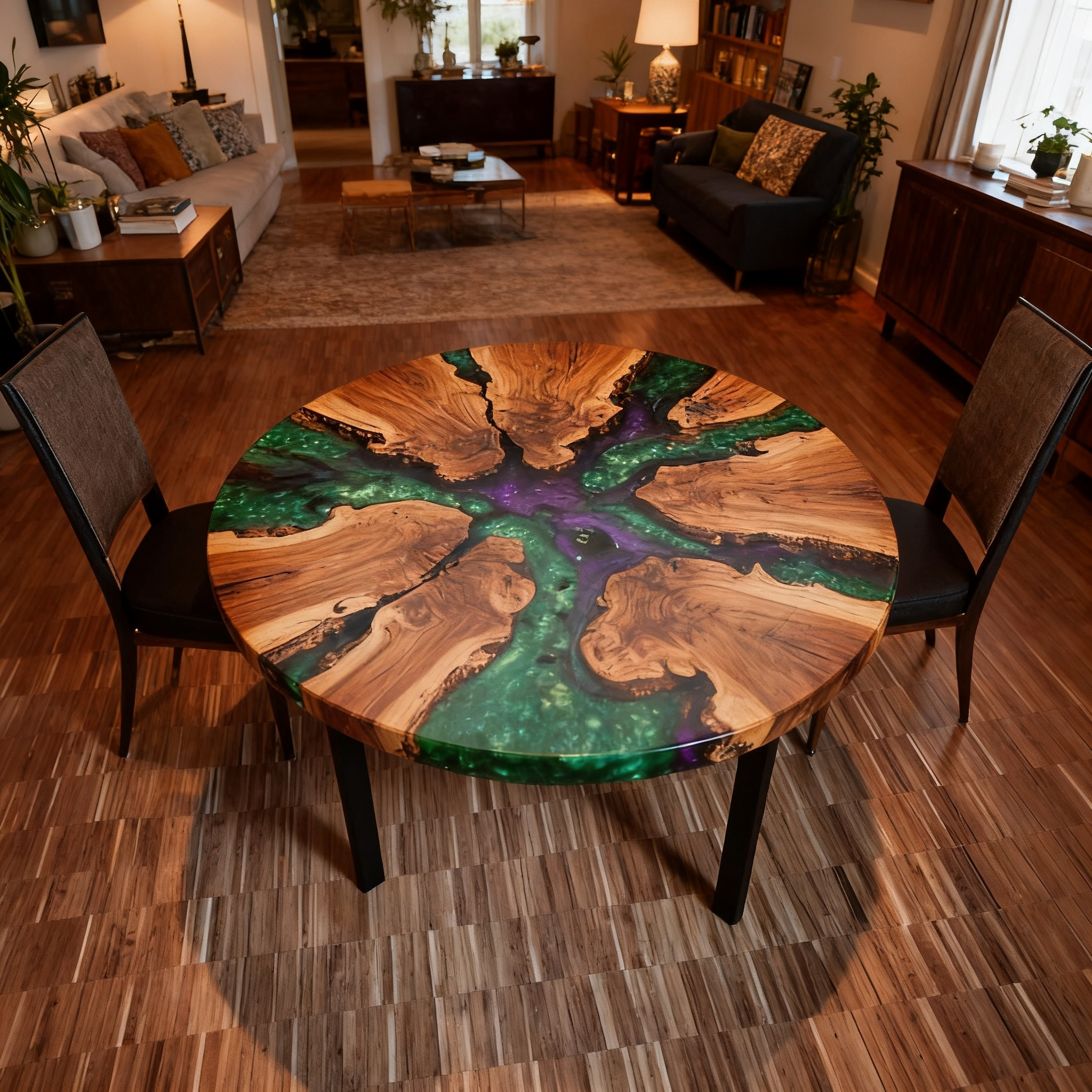 Premium Round Suar Wood Blue Epoxy River Dining Table image 1