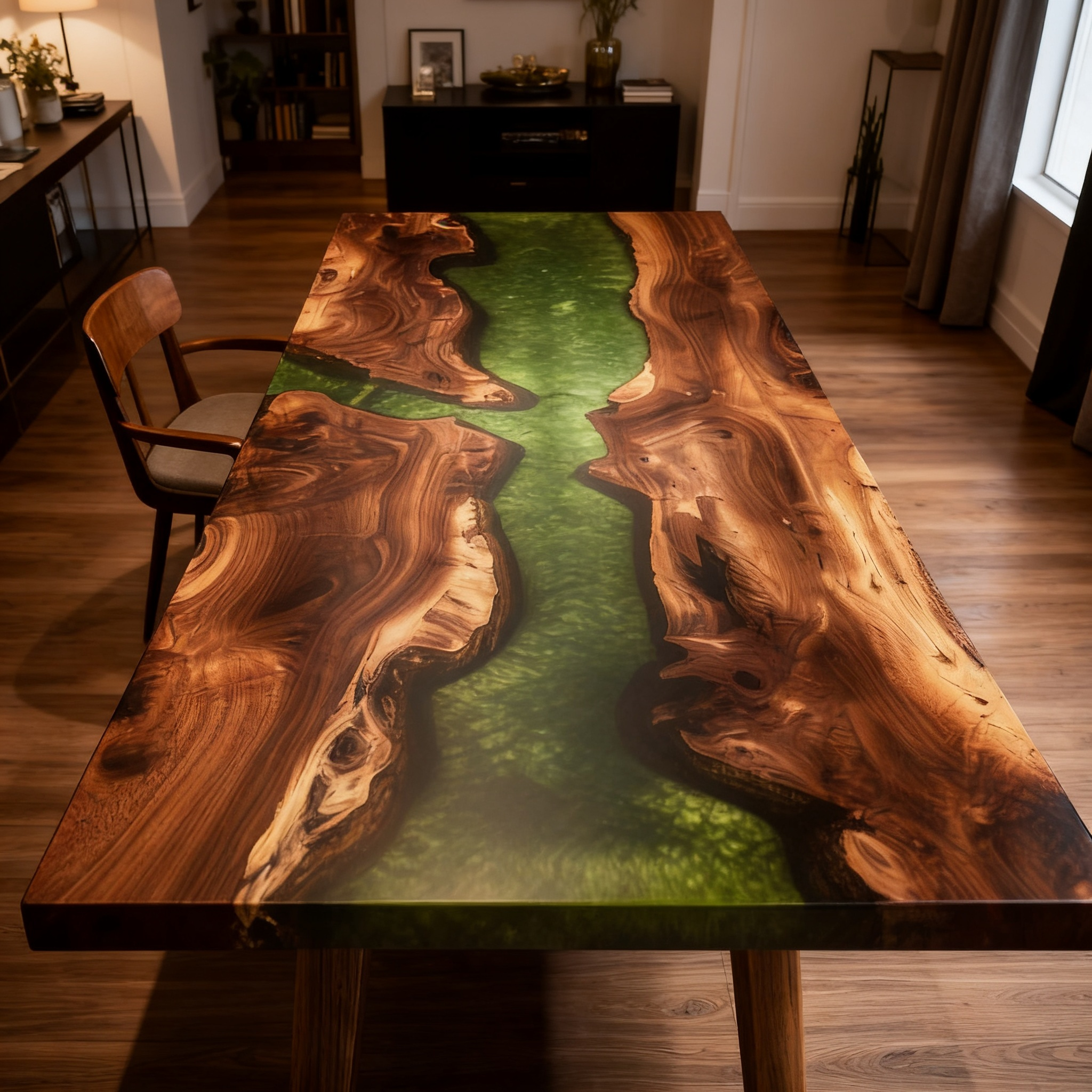 Premium South American Walnut Green Epoxy River Dining Table image 1