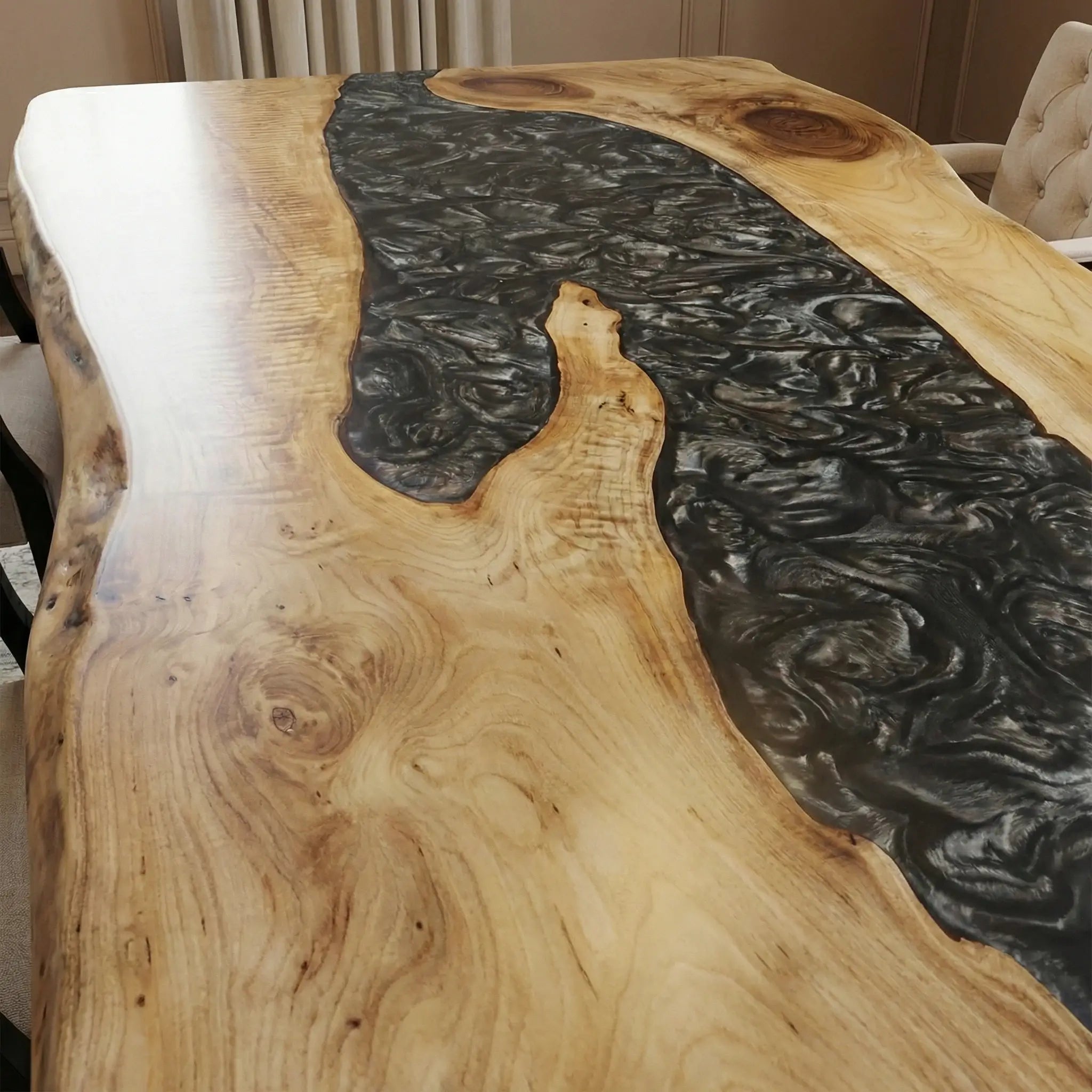 Custom Black Walnut Epoxy Resin River Table Gray Pearl ORT-72 - image 5 | ThawHome