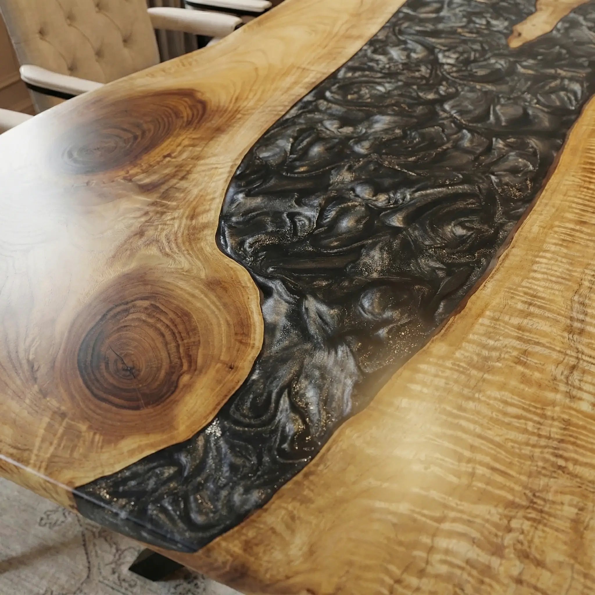 Custom Black Walnut Epoxy Resin River Table Gray Pearl ORT-72 - image 4 | ThawHome