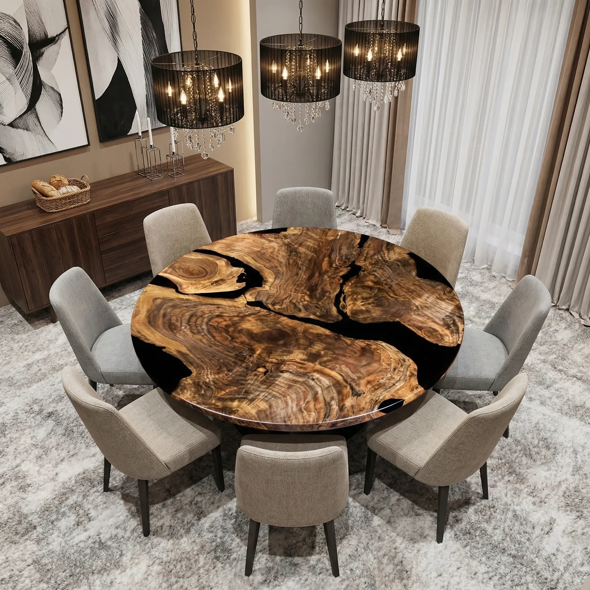 Custom Black Walnut Epoxy Resin Round Coffee Table Black Resin