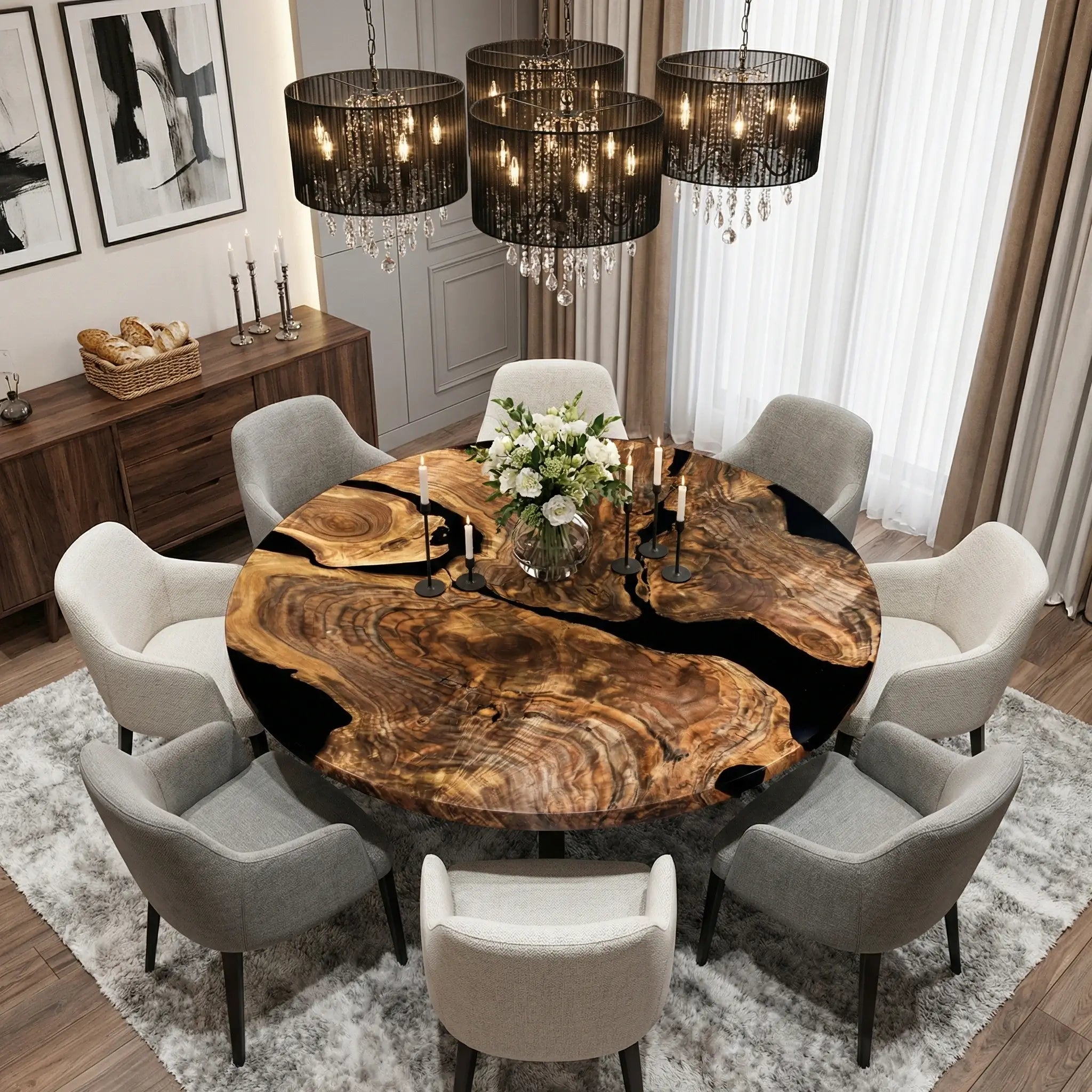 Custom Black Walnut Epoxy Resin Round Coffee Table Black Resin