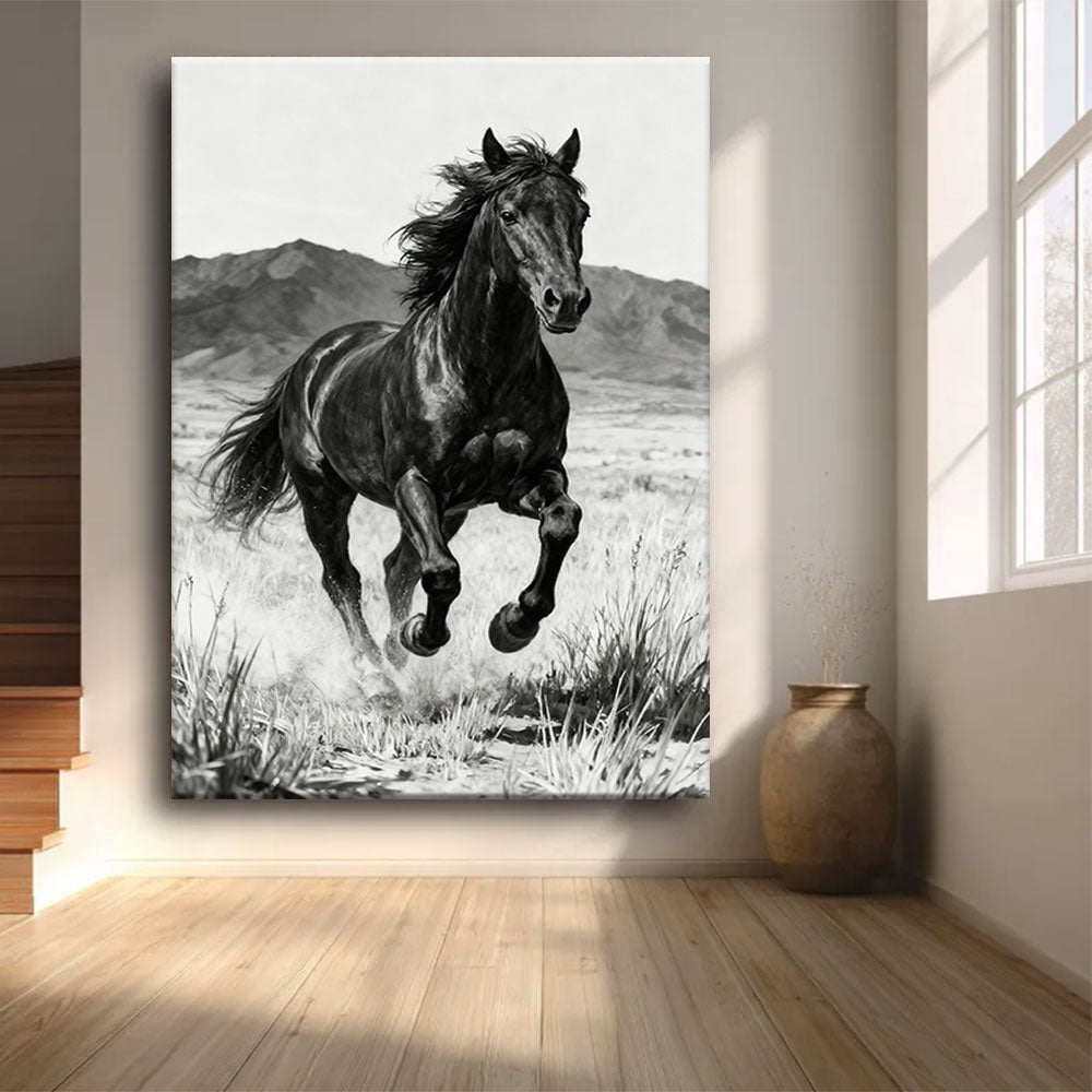 Untamed Ridge horse wall art, front view in a softly lit room.