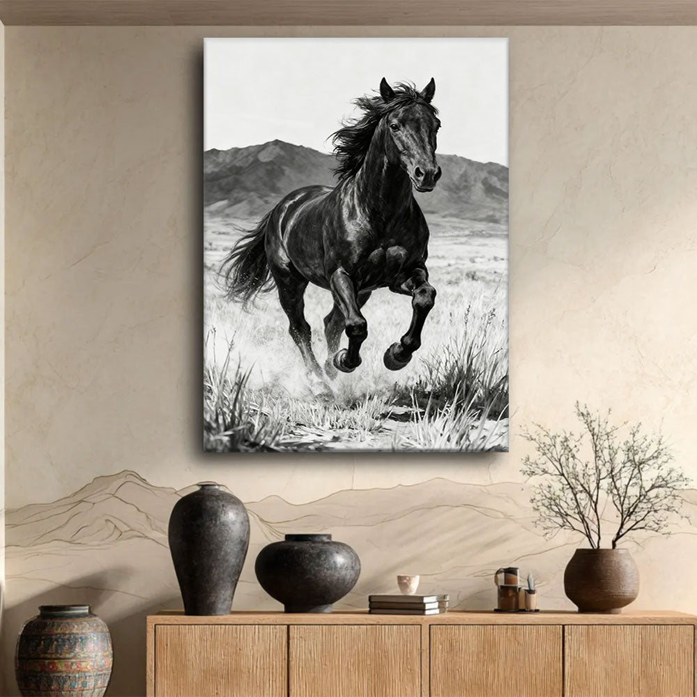 Untamed Ridge horse wall art, displayed above a wooden console.