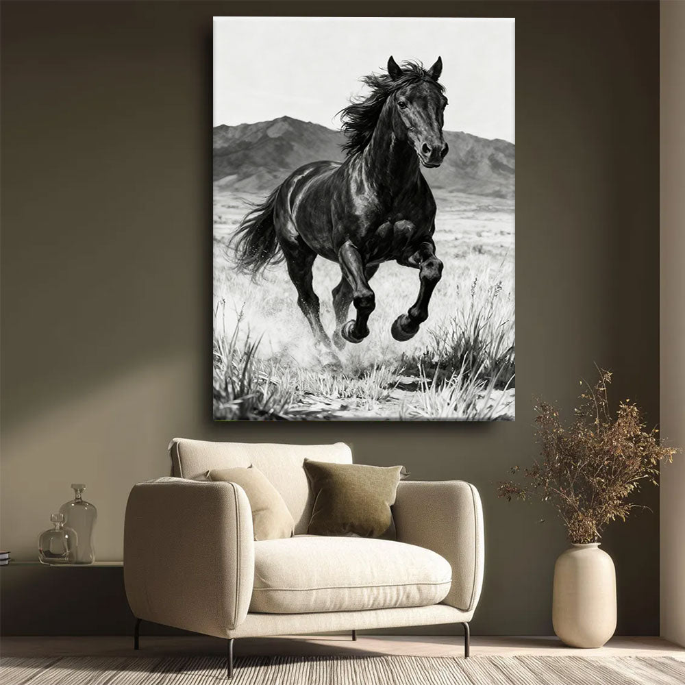 Untamed Ridge horse wall art, styled beside a neutral armchair.