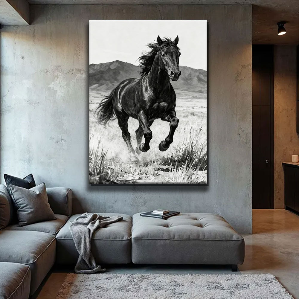 Untamed Ridge horse wall art, displayed above a gray sofa.