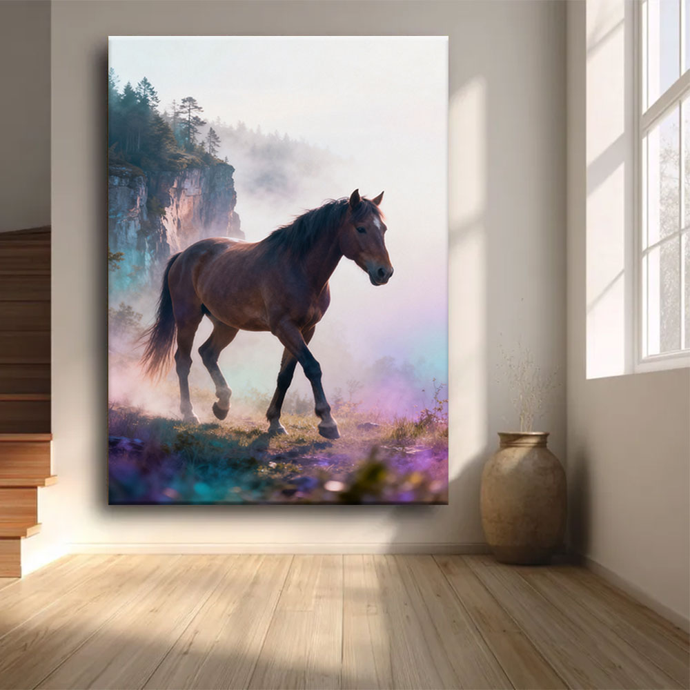 Beyond the Mist horse wall art, front view in a softly lit room.