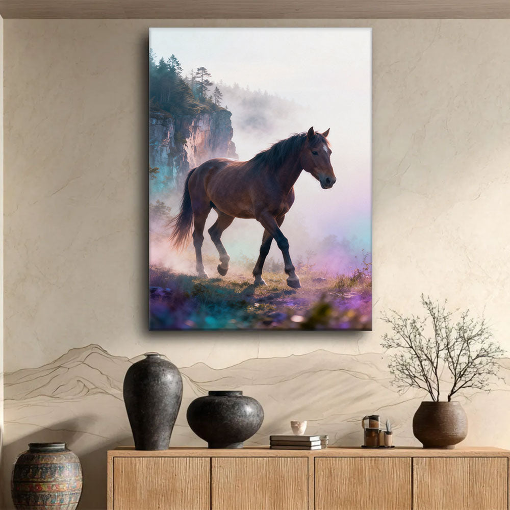 Beyond the Mist horse wall art, displayed above a wooden console.
