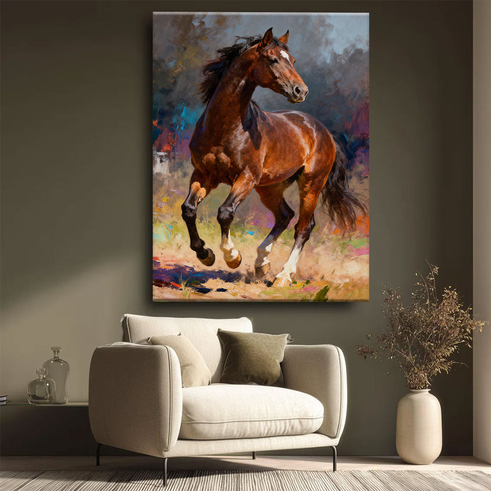 Copper in Motion horse wall art, styled beside a neutral armchair.