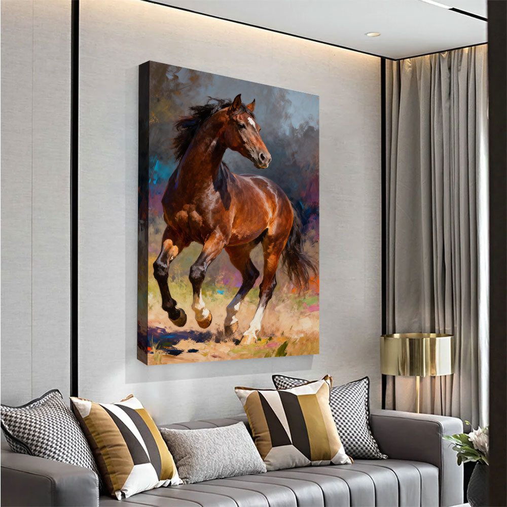 Copper in Motion horse wall art, angled view above a neutral sofa.