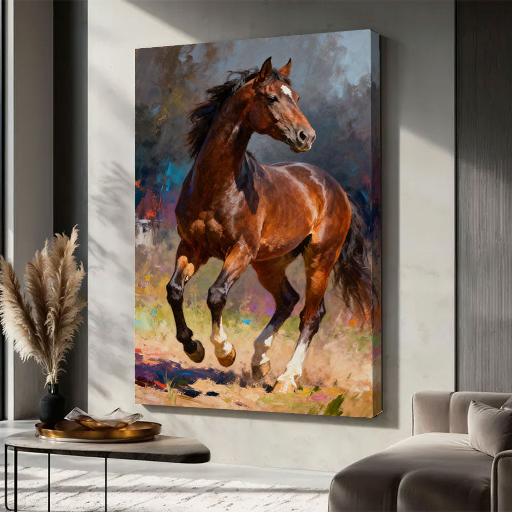 Copper in Motion horse wall art, displayed in a neutral living space.