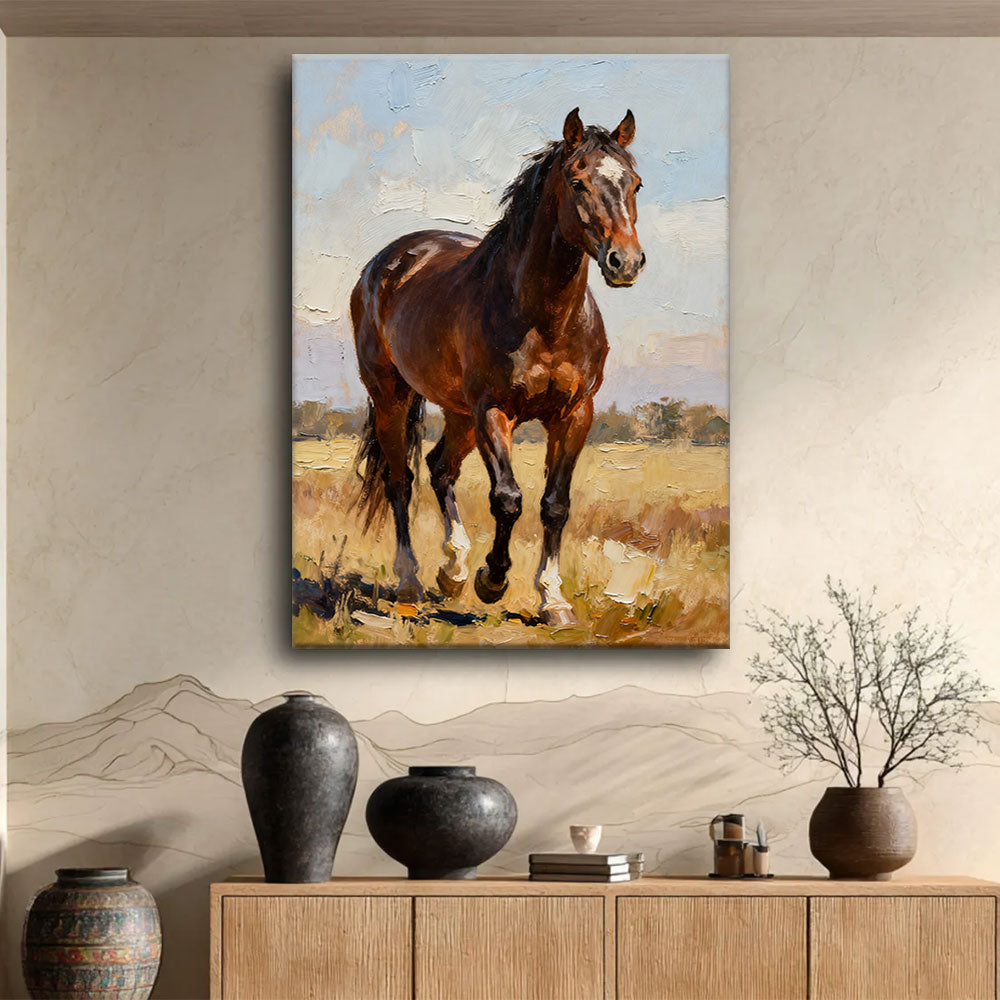 Prairie Light horse wall art, displayed above a wooden console.