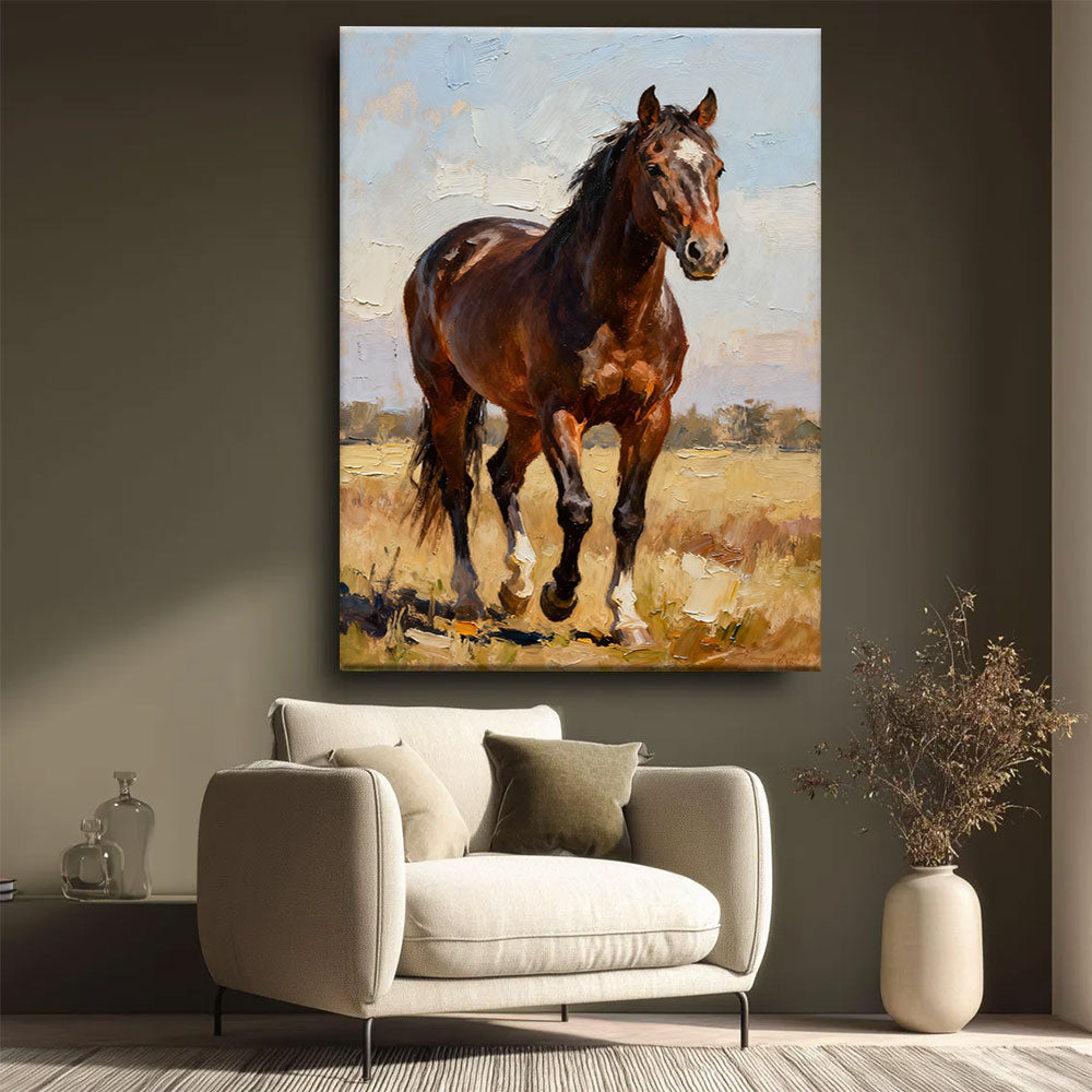 Prairie Light horse wall art, styled beside a neutral armchair.