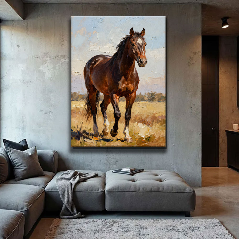Prairie Light horse wall art, displayed above a gray sofa.
