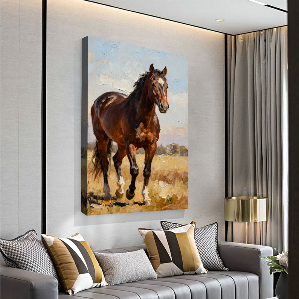 Prairie Light horse wall art, angled view above a neutral sofa.