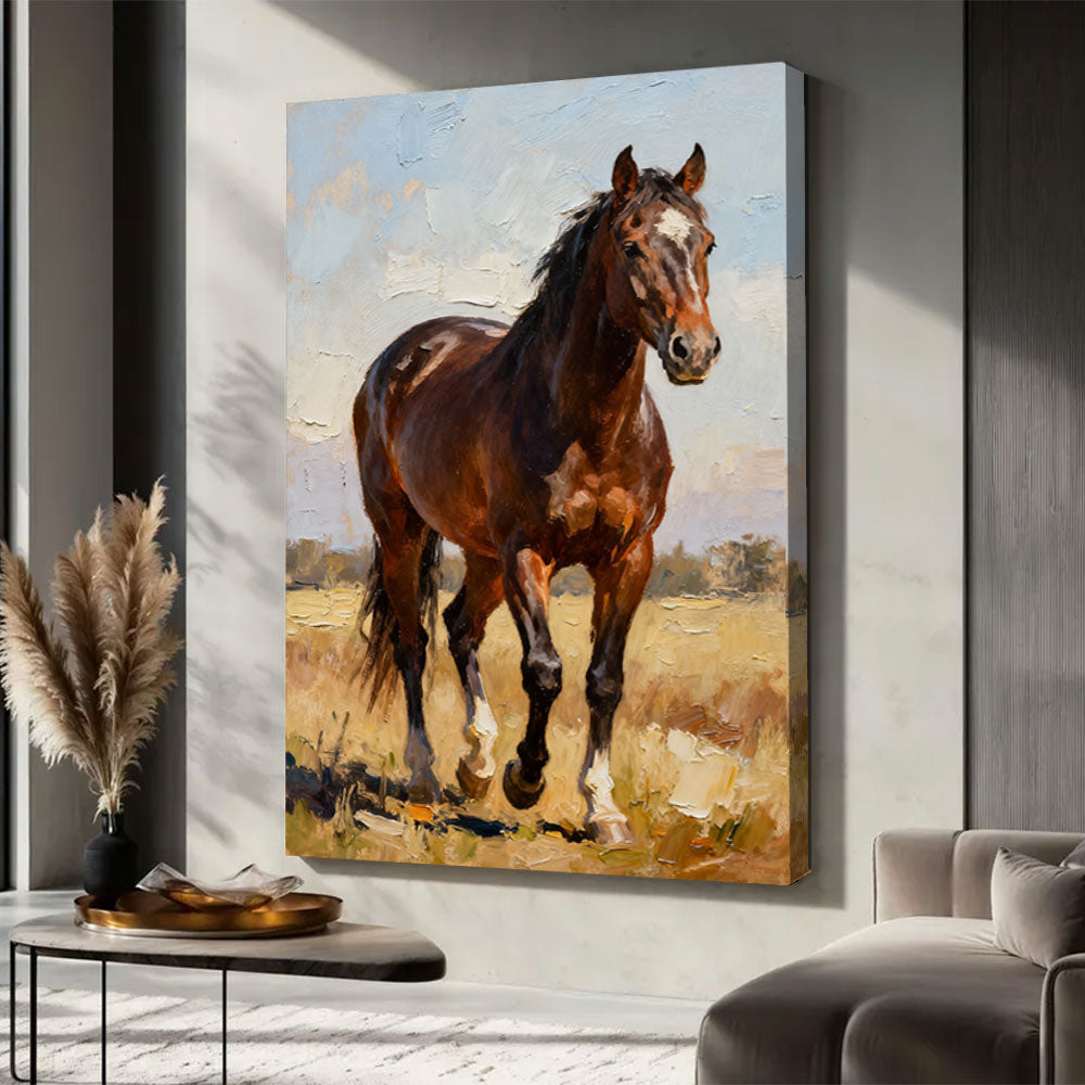 Prairie Light horse wall art, displayed in a neutral living space.