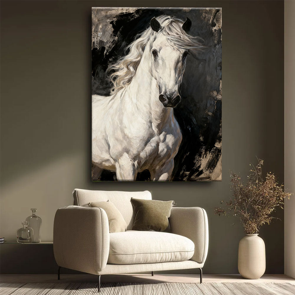 Ivory Mane horse wall art, styled beside a neutral armchair.