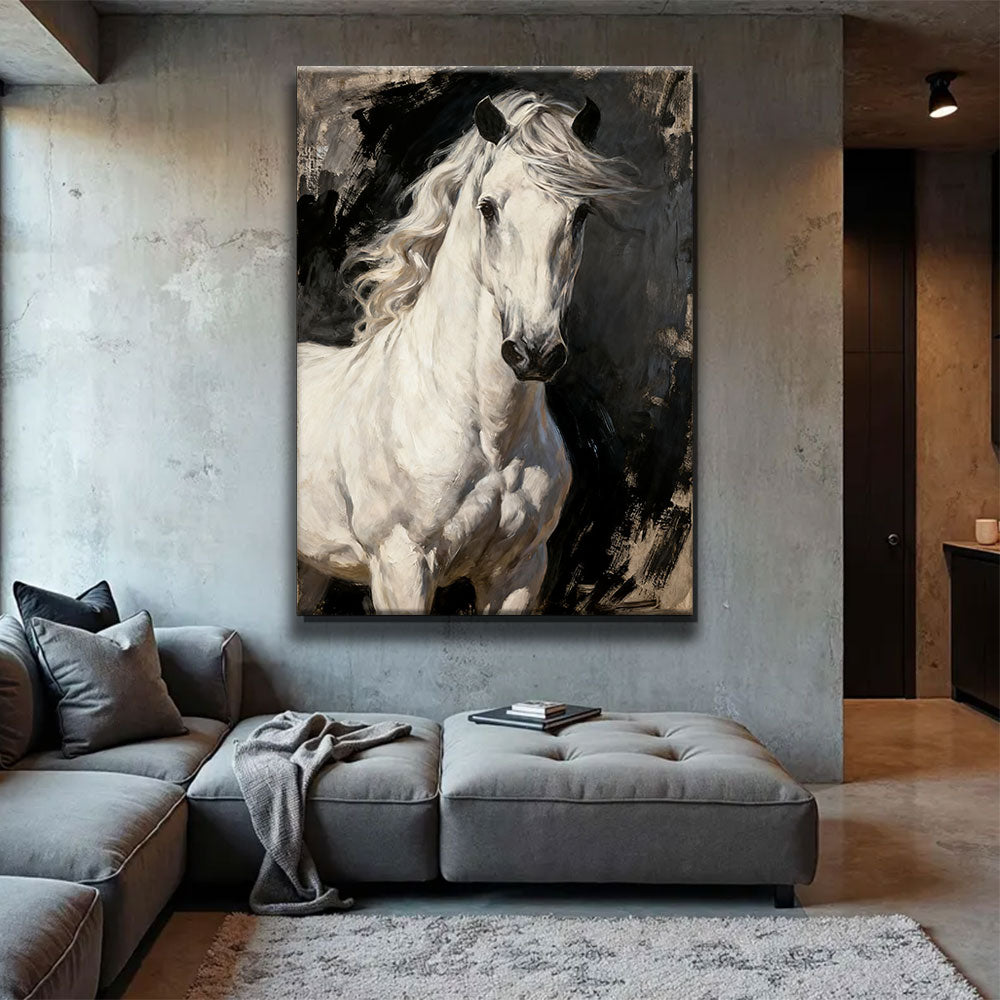 Ivory Mane horse wall art, displayed above a gray sofa.