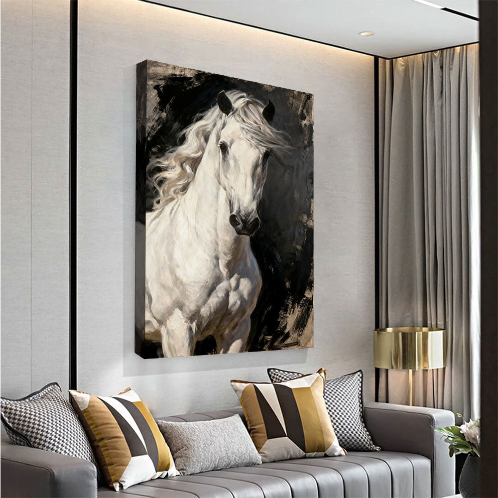 Ivory Mane horse wall art, angled view above a neutral sofa.