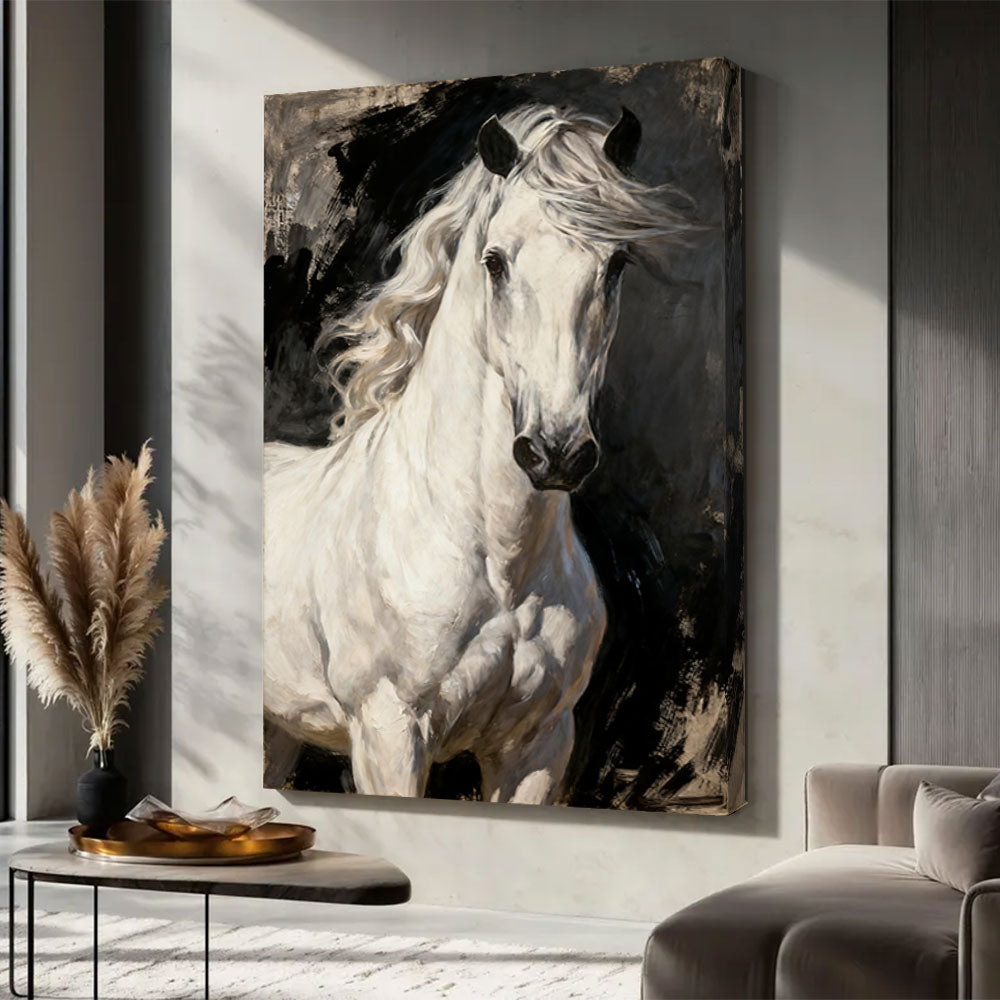 Ivory Mane horse wall art, displayed in a neutral living space.