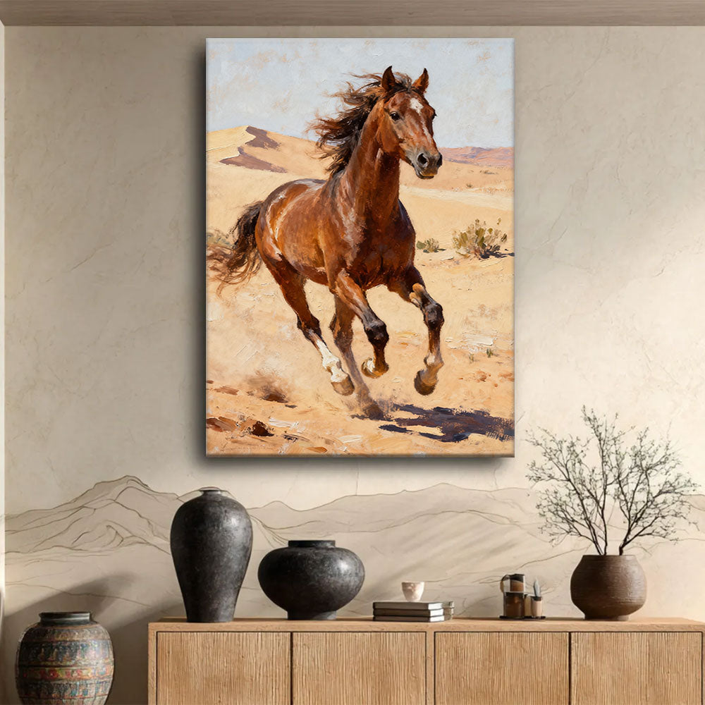 Desert Stride horse wall art, displayed above a wooden console.