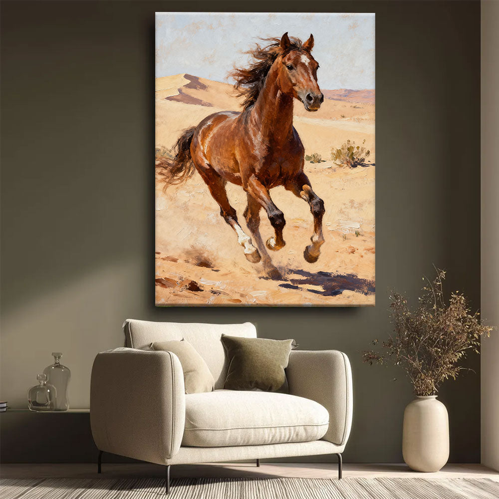 Desert Stride horse wall art, styled beside a neutral armchair.