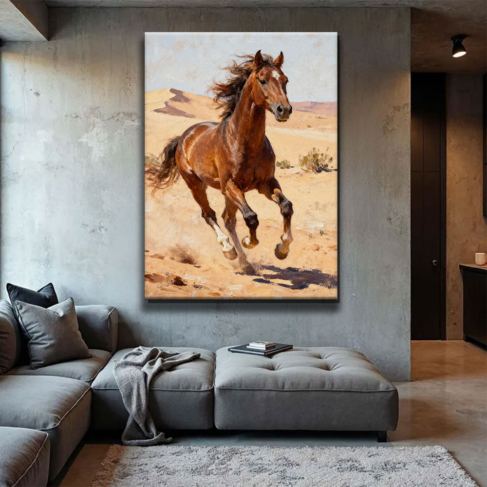 Desert Stride horse wall art, displayed above a gray sofa.