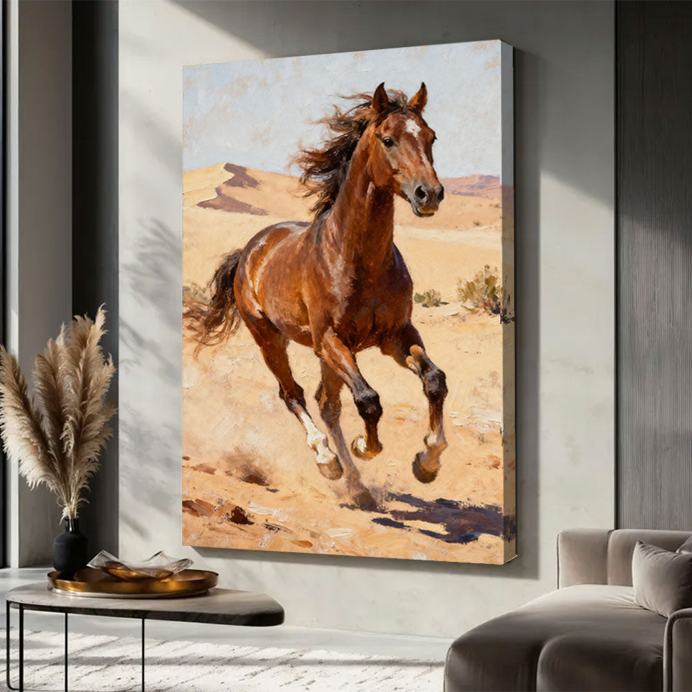 Desert Stride horse wall art, displayed in a neutral living space.