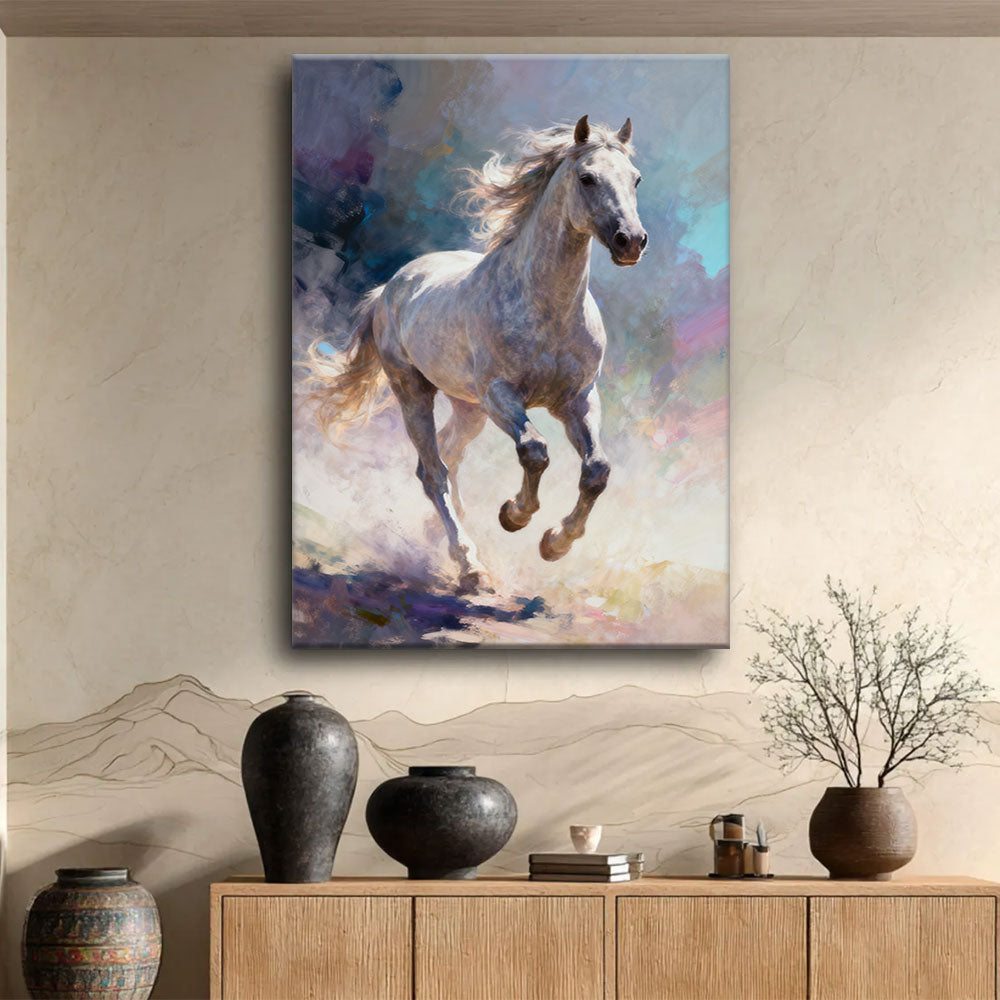 Silver Breeze horse wall art, displayed above a wooden console.