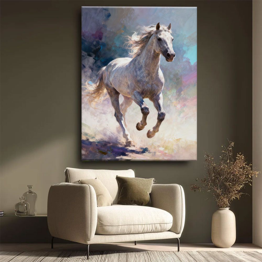 Silver Breeze horse wall art, styled beside a neutral armchair.