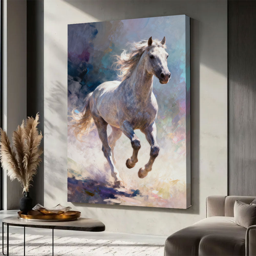 Silver Breeze horse wall art, displayed in a neutral living space.