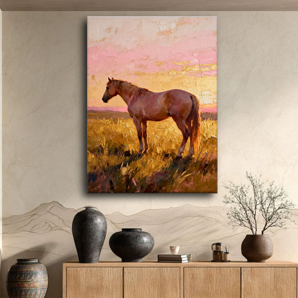 Evening Pasture horse wall art, displayed above a wooden console.