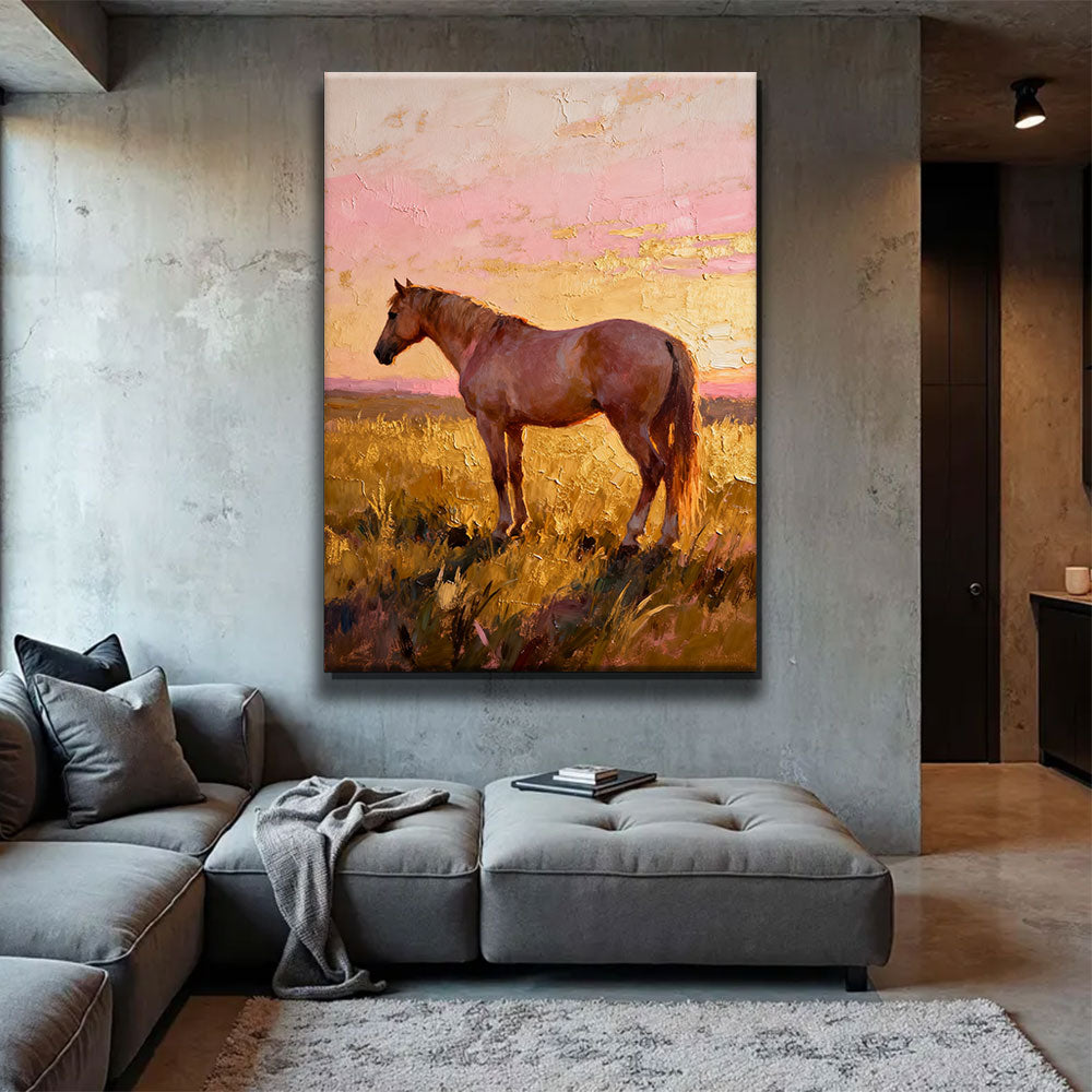 Evening Pasture horse wall art, displayed above a gray sofa.