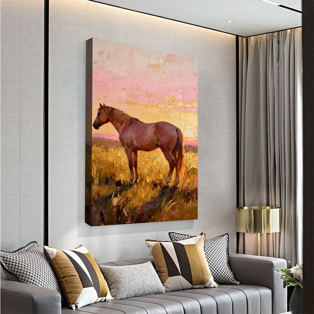 Evening Pasture horse wall art, angled view above a neutral sofa.