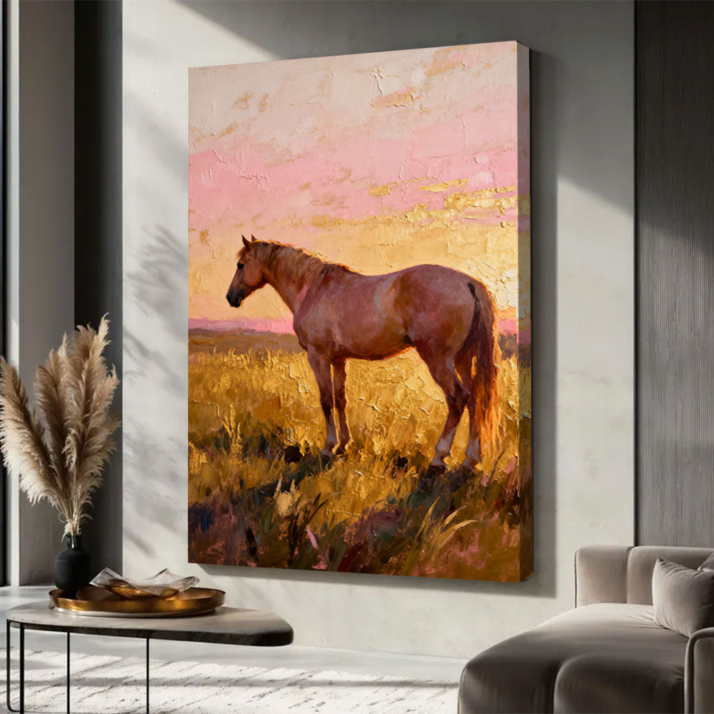 Evening Pasture horse wall art, displayed in a neutral living space.