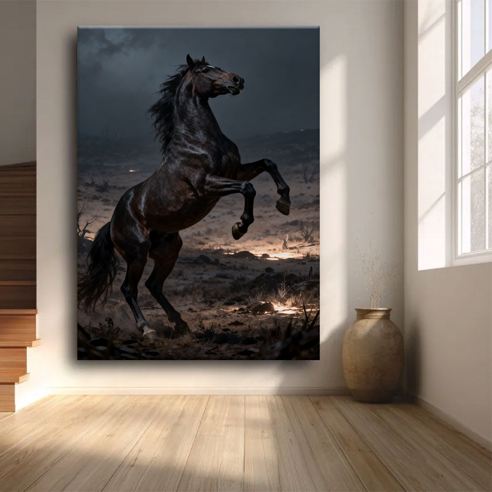 Nightfall Rise horse wall art, front view in a softly lit room.