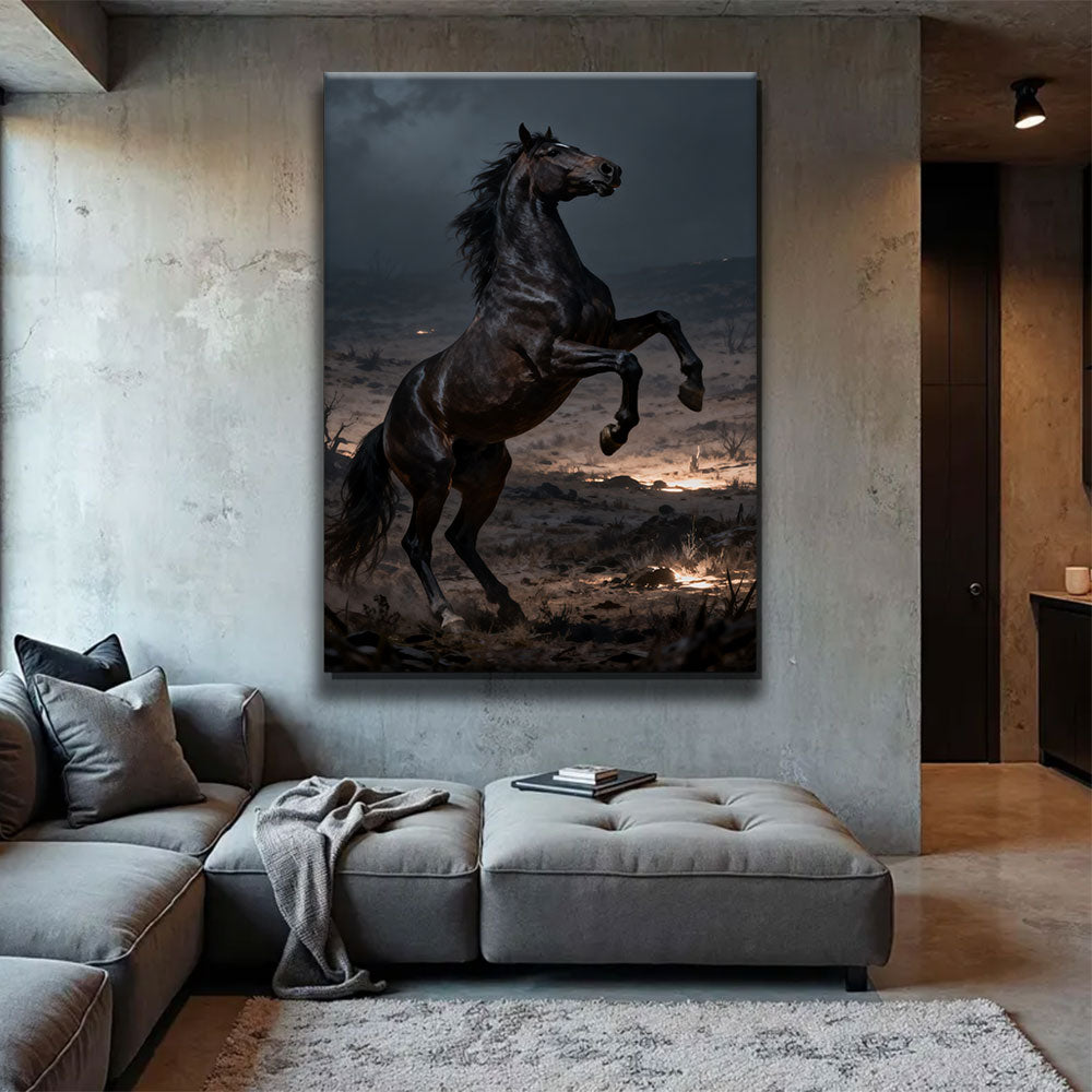 Nightfall Rise horse wall art, displayed above a gray sofa.