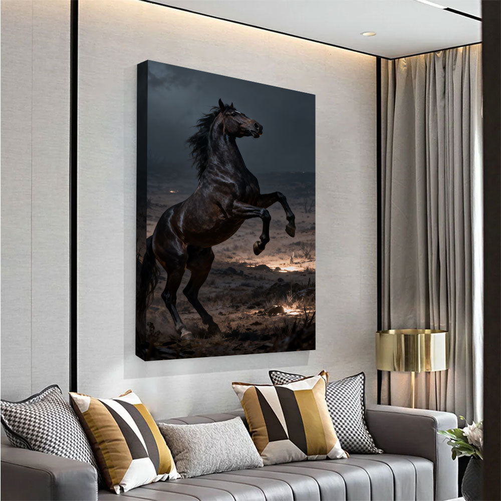 Nightfall Rise horse wall art, angled view above a neutral sofa.