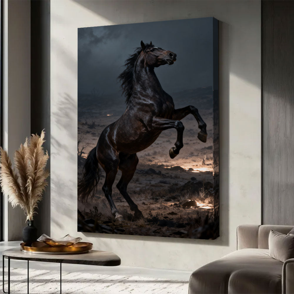 Nightfall Rise horse wall art, displayed in a neutral living space.