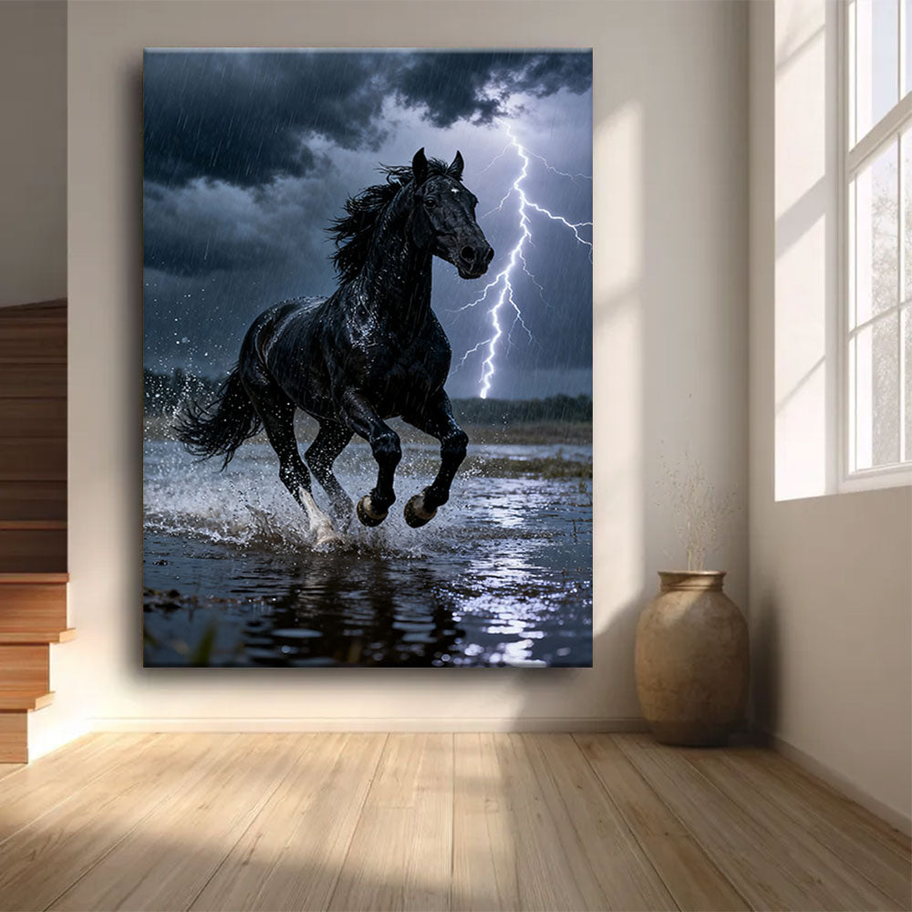 Lightning Run horse wall art, front view in a softly lit room.