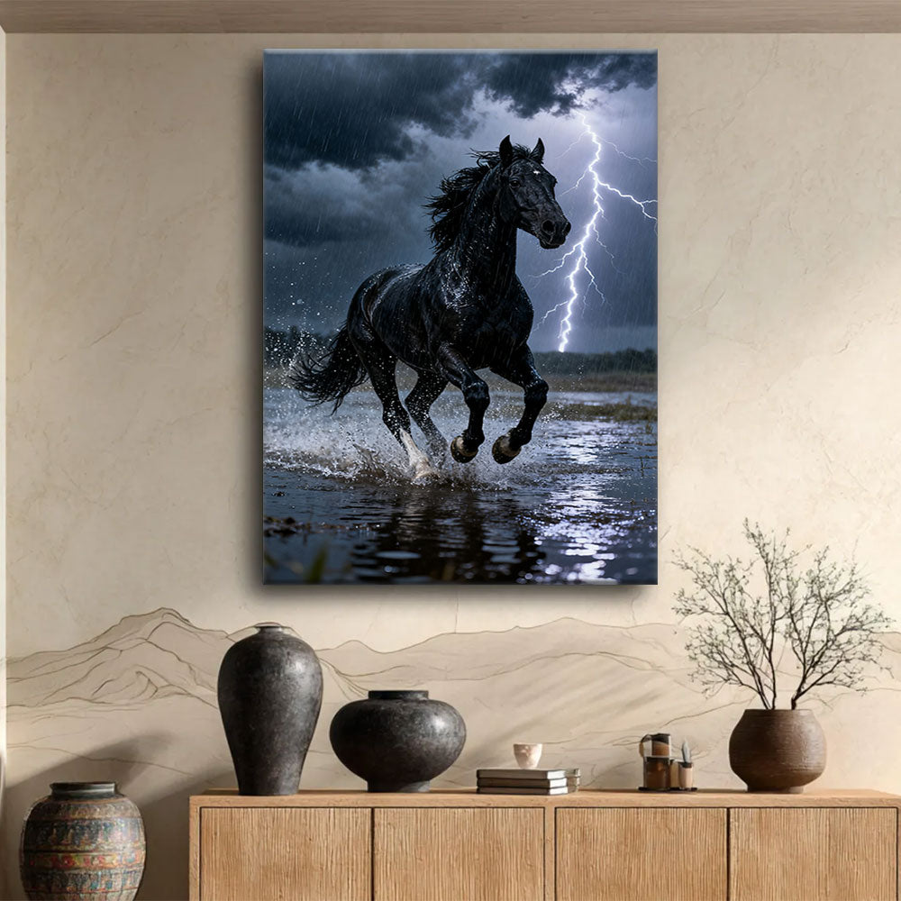 Lightning Run horse wall art, displayed above a wooden console.