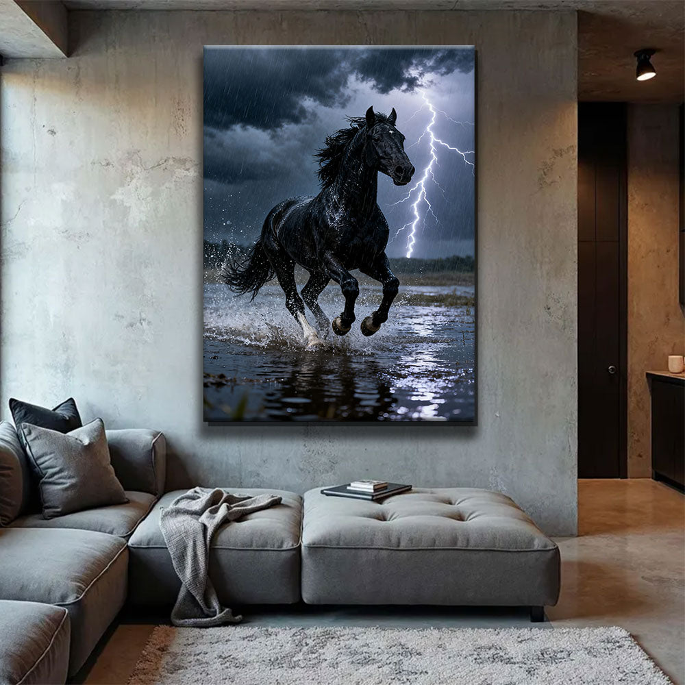 Lightning Run horse wall art, displayed above a gray sofa.