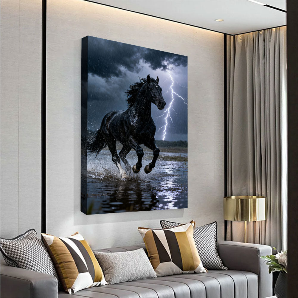 Lightning Run horse wall art, angled view above a neutral sofa.