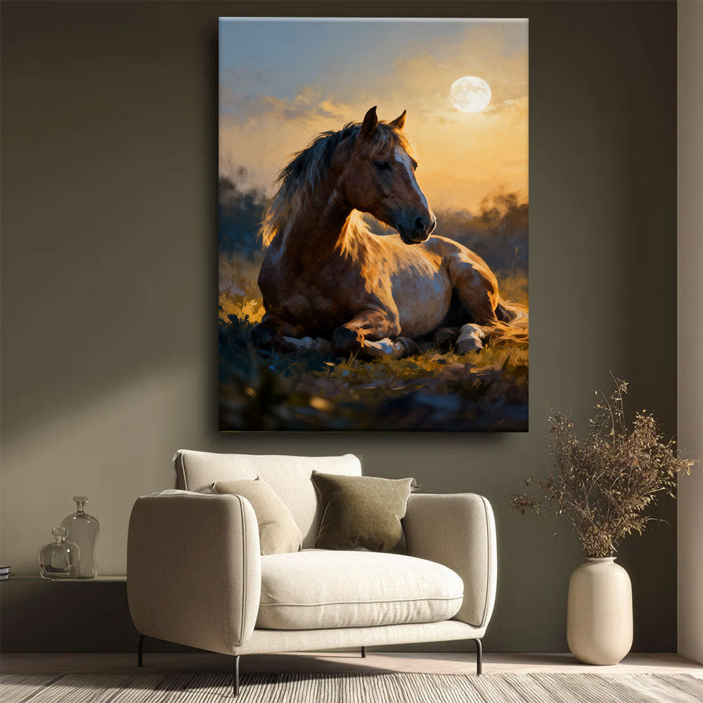 Rest in the Golden Hour horse wall art, styled beside a neutral armchair.