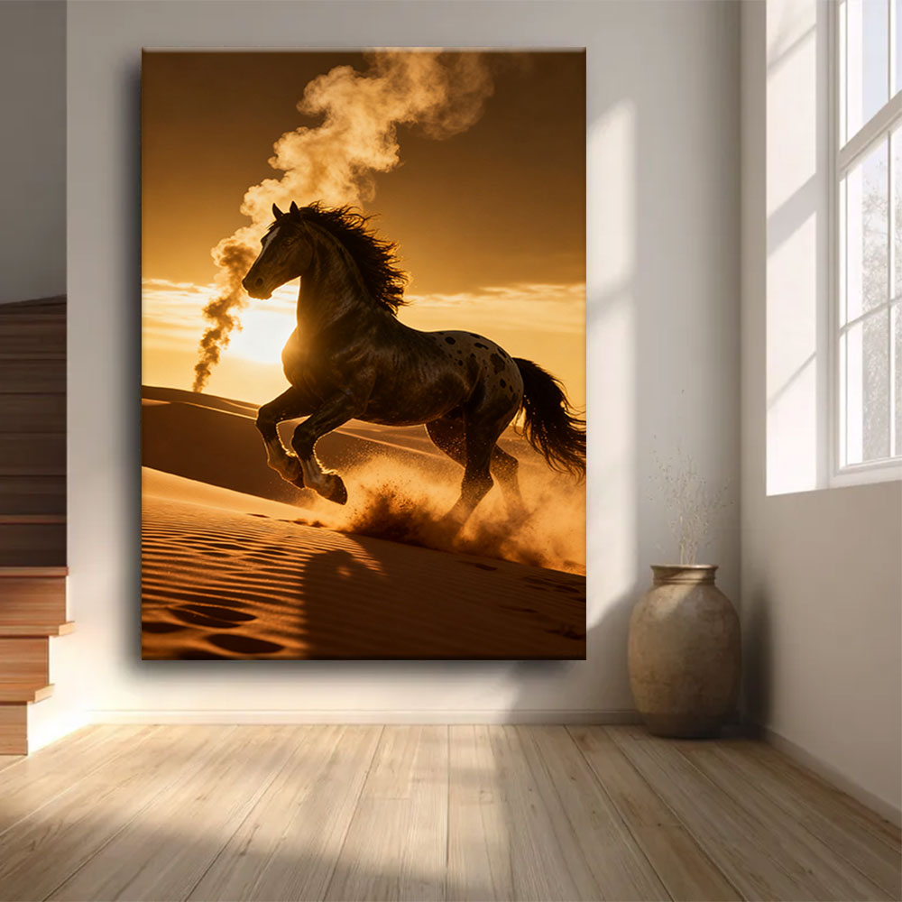 Dune Fire horse wall art, front view in a softly lit room.